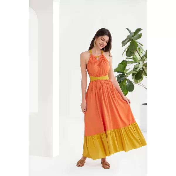 Women Cross Back Aline Dress Sleeveless Halter V Neck Ruffle Long Dress Orange SWomen Cross Back Aline Dress Sleeveless Halter V Neck Ruffle Long Dress Orange S