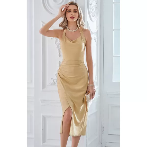 Women Formal Wedding Guest Dresses Lurex Halter Cowl Neck Wrap Cocktail Dresses for Evening Prom PartyApricot