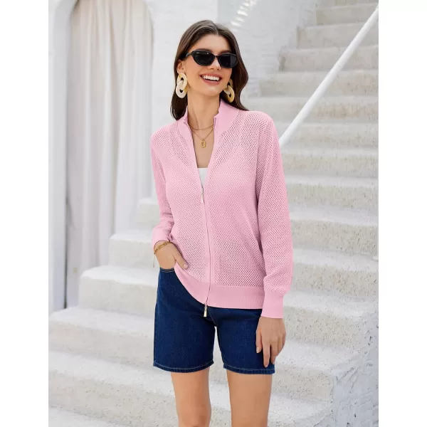 Womens 2024 Summer Mesh Cardigan Lightweight Long Sleeve Zip Up Crochet Knit Sweater Jacket Athleisure OutfitsPink