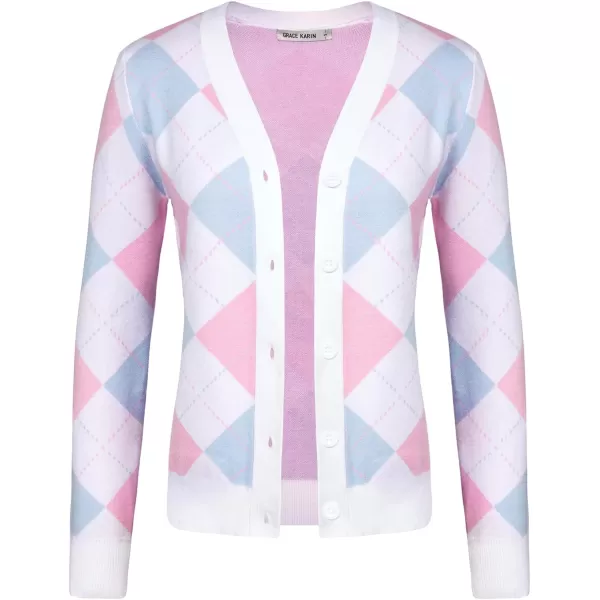 Womens Argyle Preppy Cardigan Sweater Casual V Neck Button Down Knit Cardigan Color Block Shrugs S2XLLight Blue Pink