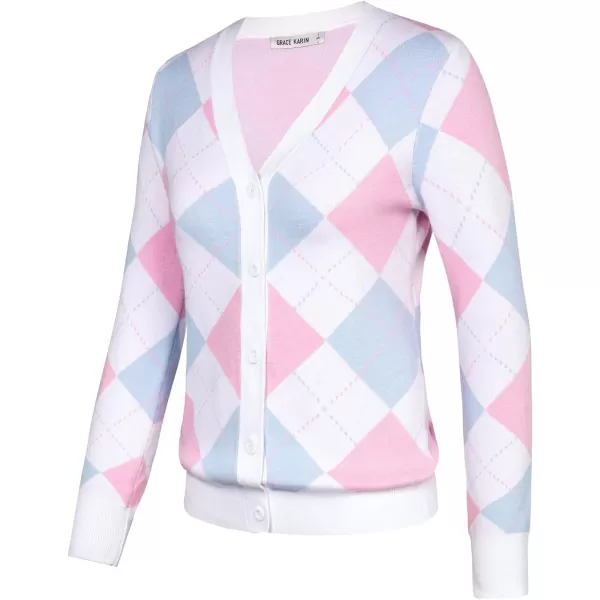 Womens Argyle Preppy Cardigan Sweater Casual V Neck Button Down Knit Cardigan Color Block Shrugs S2XLLight Blue Pink