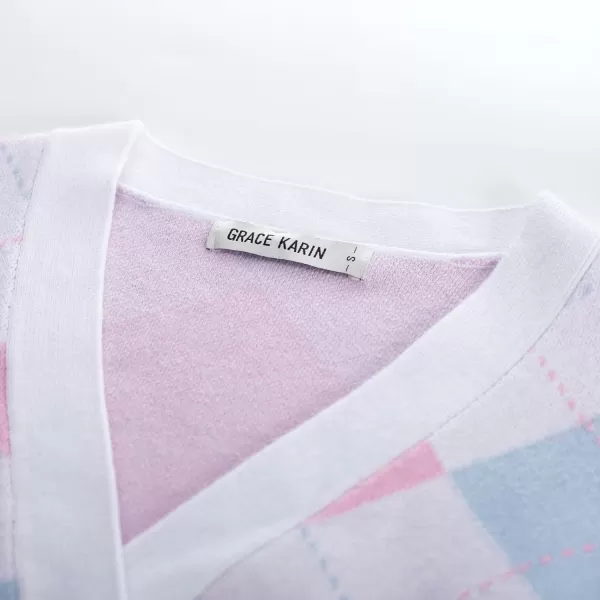 Womens Argyle Preppy Cardigan Sweater Casual V Neck Button Down Knit Cardigan Color Block Shrugs S2XLLight Blue Pink