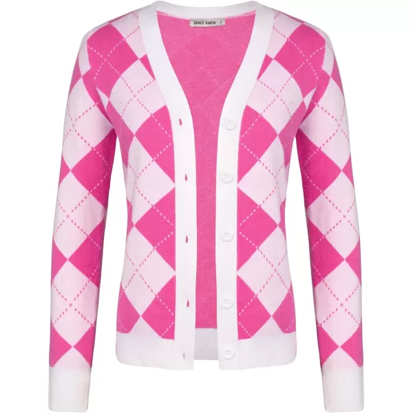 Womens Argyle Preppy Cardigan Sweater Casual V Neck Button Down Knit Cardigan Color Block Shrugs S2XLPink White