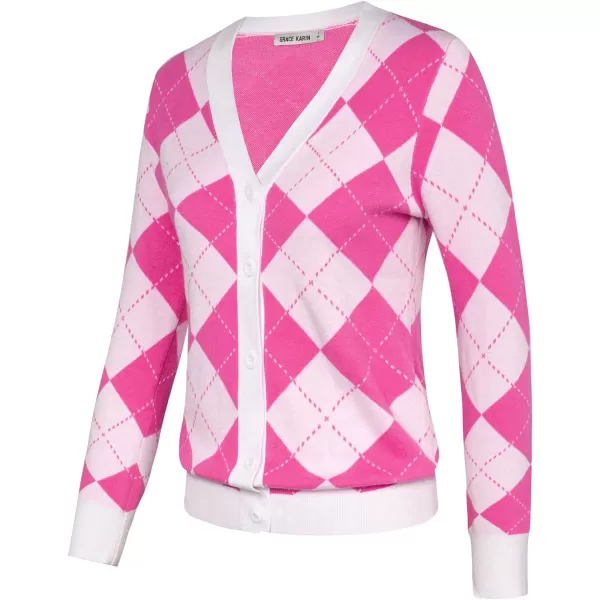 Womens Argyle Preppy Cardigan Sweater Casual V Neck Button Down Knit Cardigan Color Block Shrugs S2XLPink White