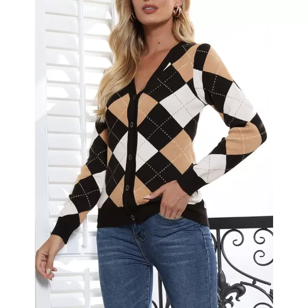 Womens Argyle Preppy Cardigan Sweater Casual V Neck Button Down Knit Cardigan Color Block Shrugs S2XLPlaid Camel White
