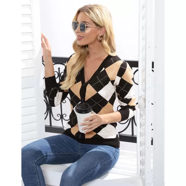 Womens Argyle Preppy Cardigan Sweater Casual V Neck Button Down Knit Cardigan Color Block Shrugs S2XLPlaid Camel White