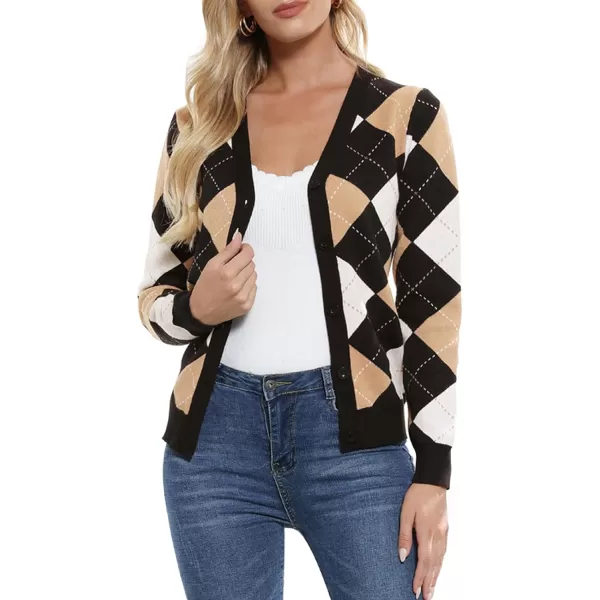 Womens Argyle Preppy Cardigan Sweater Casual V Neck Button Down Knit Cardigan Color Block Shrugs S2XLPlaid Camel White