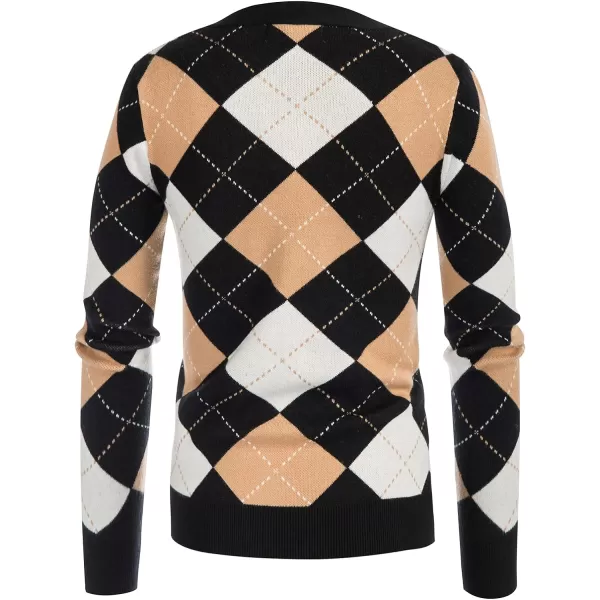 Womens Argyle Preppy Cardigan Sweater Casual V Neck Button Down Knit Cardigan Color Block Shrugs S2XLPlaid Camel White