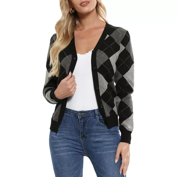 Womens Argyle Preppy Cardigan Sweater Casual V Neck Button Down Knit Cardigan Color Block Shrugs S2XLPlaid Gray Black