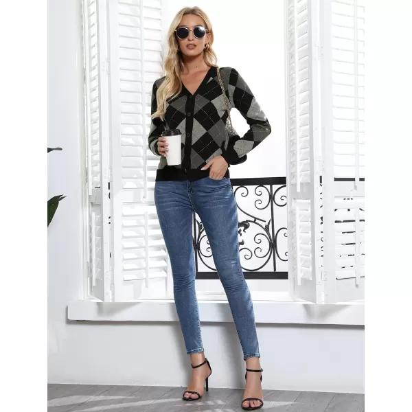 Womens Argyle Preppy Cardigan Sweater Casual V Neck Button Down Knit Cardigan Color Block Shrugs S2XLPlaid Gray Black