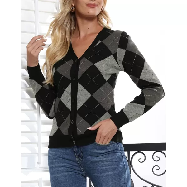 Womens Argyle Preppy Cardigan Sweater Casual V Neck Button Down Knit Cardigan Color Block Shrugs S2XLPlaid Gray Black