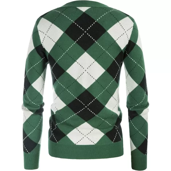 Womens Argyle Preppy Cardigan Sweater Casual V Neck Button Down Knit Cardigan Color Block Shrugs S2XLPlaid Green White