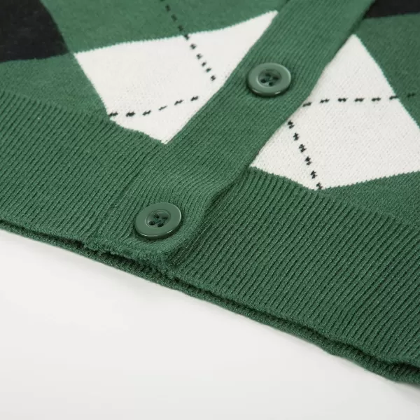Womens Argyle Preppy Cardigan Sweater Casual V Neck Button Down Knit Cardigan Color Block Shrugs S2XLPlaid Green White