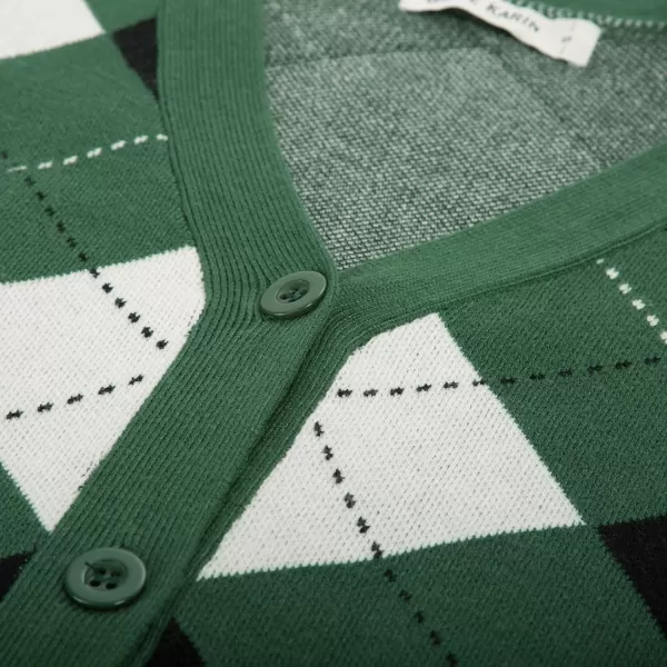 Womens Argyle Preppy Cardigan Sweater Casual V Neck Button Down Knit Cardigan Color Block Shrugs S2XLPlaid Green White