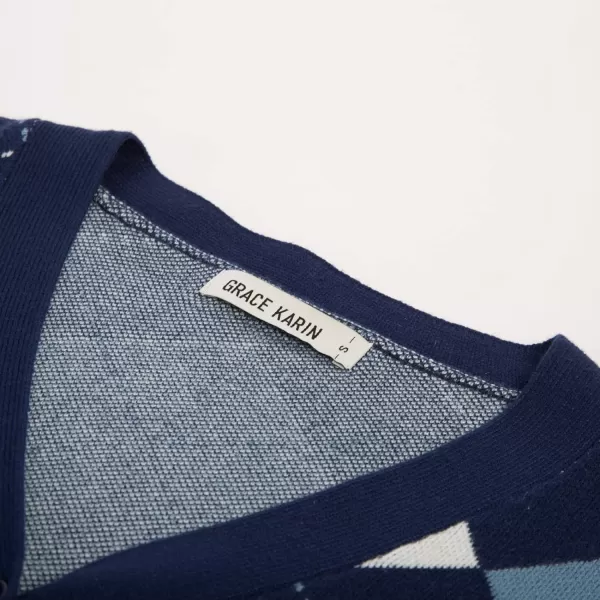 Womens Argyle Preppy Cardigan Sweater Casual V Neck Button Down Knit Cardigan Color Block Shrugs S2XLPlaid Light Blue