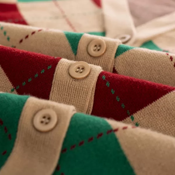 Womens Argyle Preppy Cardigan Sweater Casual V Neck Button Down Knit Cardigan Color Block Shrugs S2XLRed Green