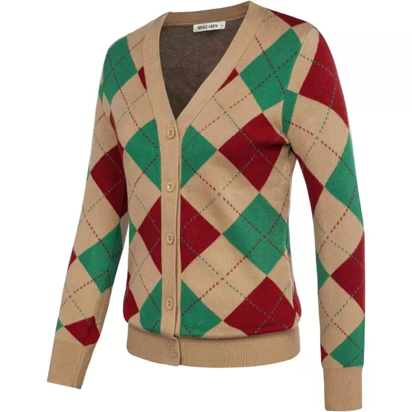 Womens Argyle Preppy Cardigan Sweater Casual V Neck Button Down Knit Cardigan Color Block Shrugs S2XLRed Green