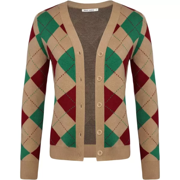 Womens Argyle Preppy Cardigan Sweater Casual V Neck Button Down Knit Cardigan Color Block Shrugs S2XLRed Green