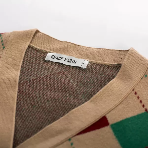 Womens Argyle Preppy Cardigan Sweater Casual V Neck Button Down Knit Cardigan Color Block Shrugs S2XLRed Green