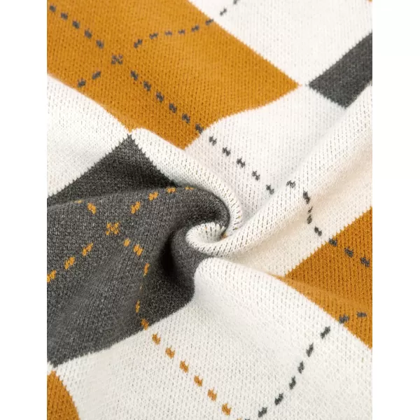 Womens Argyle Preppy Cardigan Sweater Casual V Neck Button Down Knit Cardigan Color Block Shrugs S2XLWhite Yellow Gray