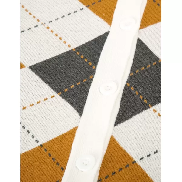 Womens Argyle Preppy Cardigan Sweater Casual V Neck Button Down Knit Cardigan Color Block Shrugs S2XLWhite Yellow Gray