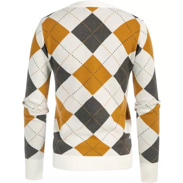 Womens Argyle Preppy Cardigan Sweater Casual V Neck Button Down Knit Cardigan Color Block Shrugs S2XLWhite Yellow Gray