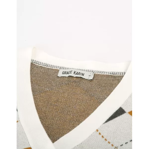Womens Argyle Preppy Cardigan Sweater Casual V Neck Button Down Knit Cardigan Color Block Shrugs S2XLWhite Yellow Gray