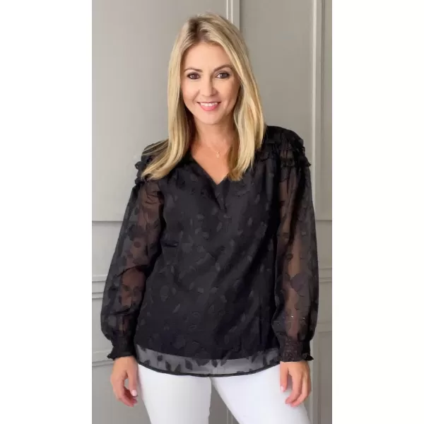 Womens Blouses Top Dressy Work Long Sleeve V Neck Top Floral Double Layers Blouse ShirtsBlack