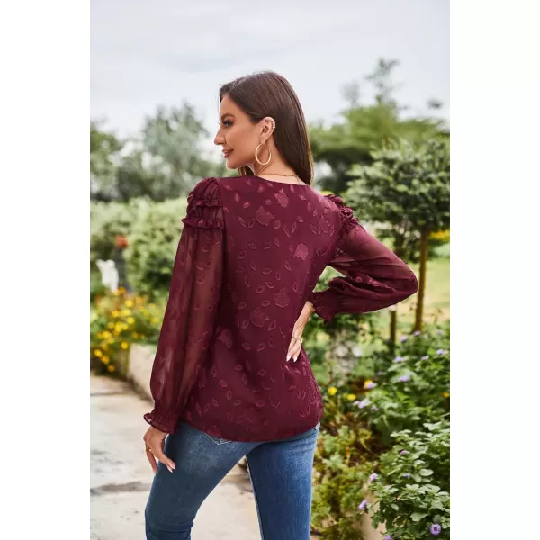 Womens Blouses Top Dressy Work Long Sleeve V Neck Top Floral Double Layers Blouse ShirtsRed