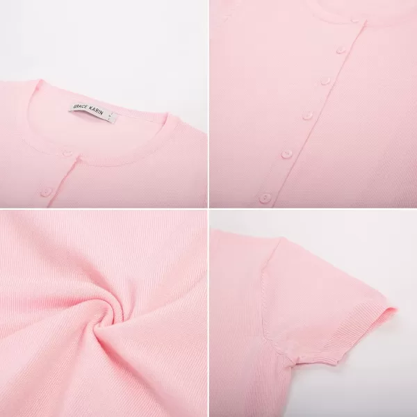 Womens Short Sleeve Cardigan Crewneck Basic Casual Button Down Knit Soft SweaterPink