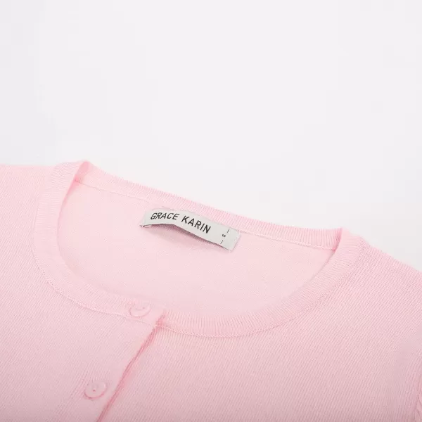 Womens Short Sleeve Cardigan Crewneck Basic Casual Button Down Knit Soft SweaterPink