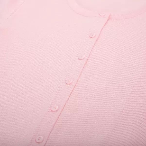 Womens Short Sleeve Cardigan Crewneck Basic Casual Button Down Knit Soft SweaterPink