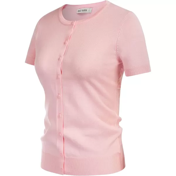 Womens Short Sleeve Cardigan Crewneck Basic Casual Button Down Knit Soft SweaterPink