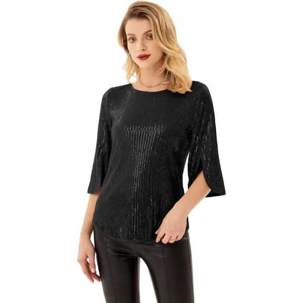 Womens Sparkle Sequin Party Blouse Tops Shimmer Glitter 34 Slit Sleeve Dressy TopsBlack