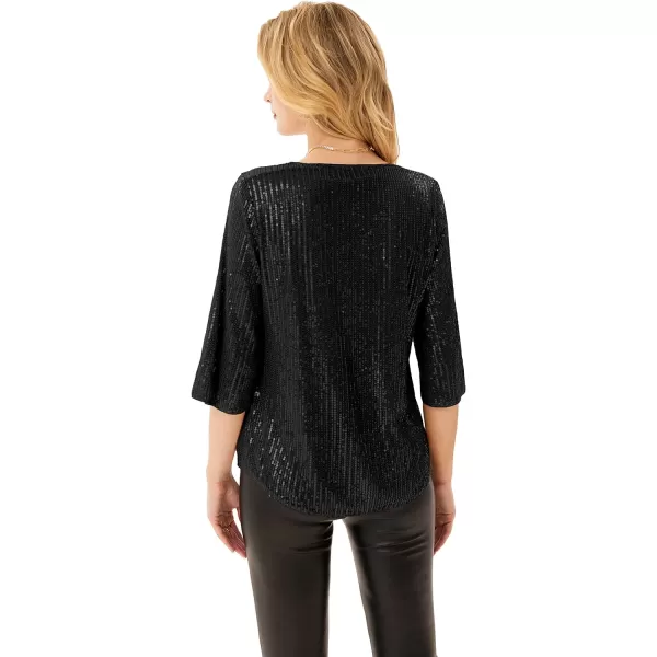 Womens Sparkle Sequin Party Blouse Tops Shimmer Glitter 34 Slit Sleeve Dressy TopsBlack
