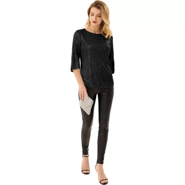 Womens Sparkle Sequin Party Blouse Tops Shimmer Glitter 34 Slit Sleeve Dressy TopsBlack