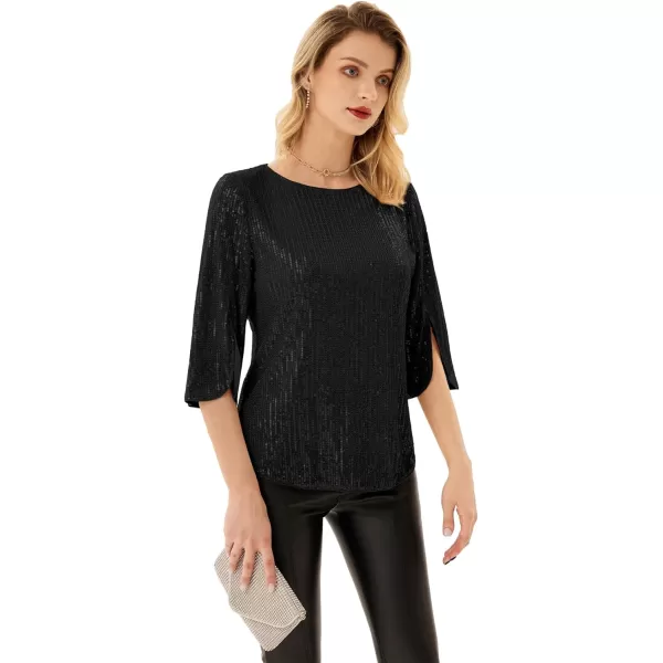 Womens Sparkle Sequin Party Blouse Tops Shimmer Glitter 34 Slit Sleeve Dressy TopsBlack