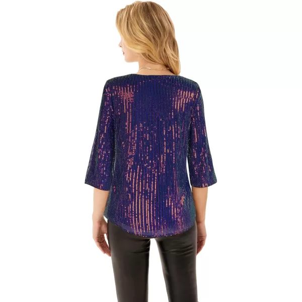 Womens Sparkle Sequin Party Blouse Tops Shimmer Glitter 34 Slit Sleeve Dressy TopsBlue Purple