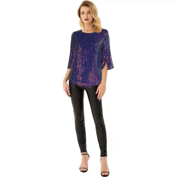 Womens Sparkle Sequin Party Blouse Tops Shimmer Glitter 34 Slit Sleeve Dressy TopsBlue Purple