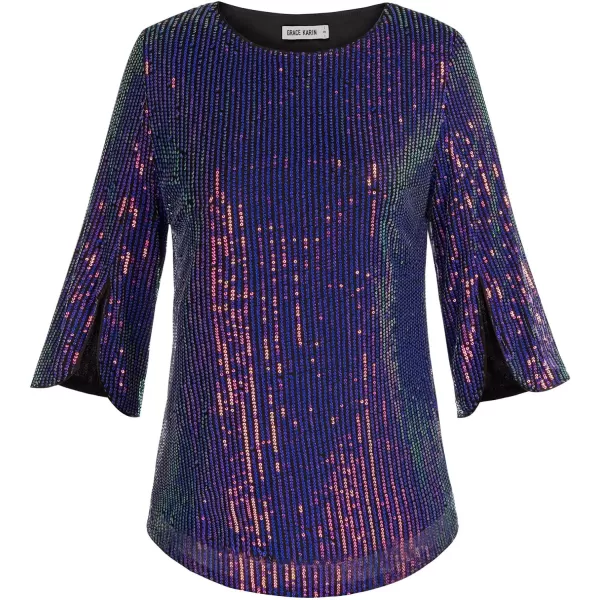 Womens Sparkle Sequin Party Blouse Tops Shimmer Glitter 34 Slit Sleeve Dressy TopsBlue Purple