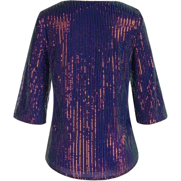 Womens Sparkle Sequin Party Blouse Tops Shimmer Glitter 34 Slit Sleeve Dressy TopsBlue Purple