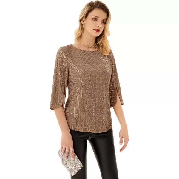 Womens Sparkle Sequin Party Blouse Tops Shimmer Glitter 34 Slit Sleeve Dressy TopsBrown