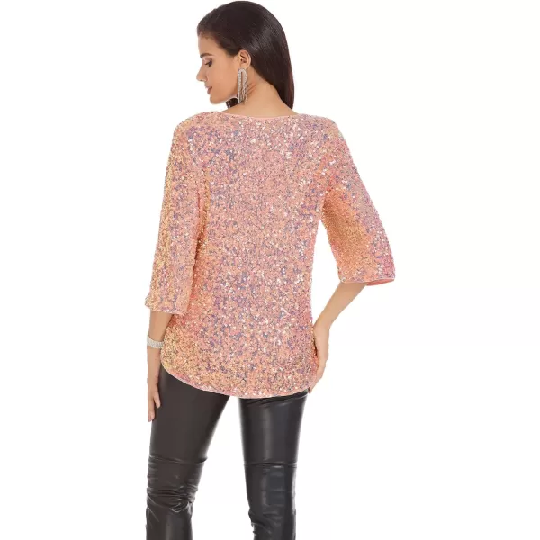 Womens Sparkle Sequin Party Blouse Tops Shimmer Glitter 34 Slit Sleeve Dressy TopsColorful Pink