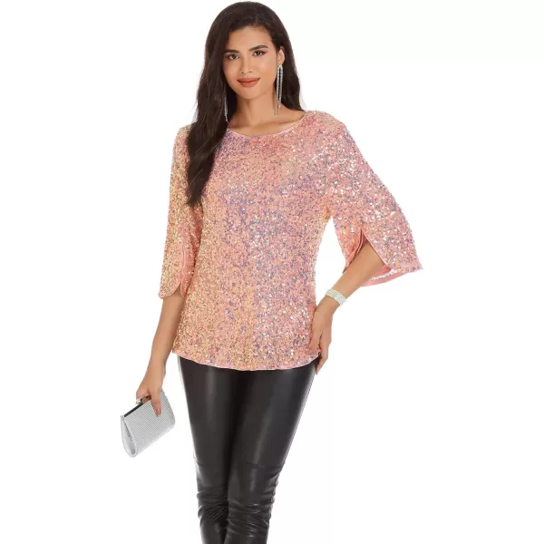 Womens Sparkle Sequin Party Blouse Tops Shimmer Glitter 34 Slit Sleeve Dressy TopsColorful Pink