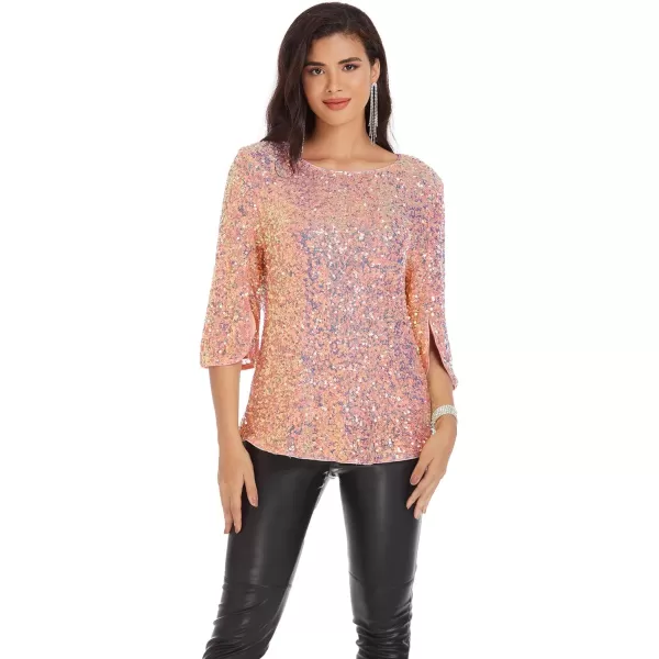 Womens Sparkle Sequin Party Blouse Tops Shimmer Glitter 34 Slit Sleeve Dressy TopsColorful Pink