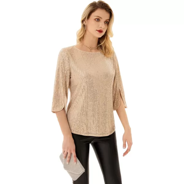 Womens Sparkle Sequin Party Blouse Tops Shimmer Glitter 34 Slit Sleeve Dressy TopsGold