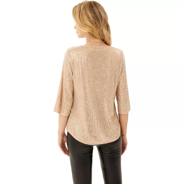 Womens Sparkle Sequin Party Blouse Tops Shimmer Glitter 34 Slit Sleeve Dressy TopsGold