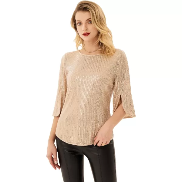 Womens Sparkle Sequin Party Blouse Tops Shimmer Glitter 34 Slit Sleeve Dressy TopsGold