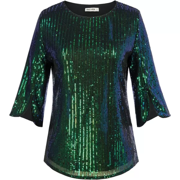 Womens Sparkle Sequin Party Blouse Tops Shimmer Glitter 34 Slit Sleeve Dressy TopsGreen