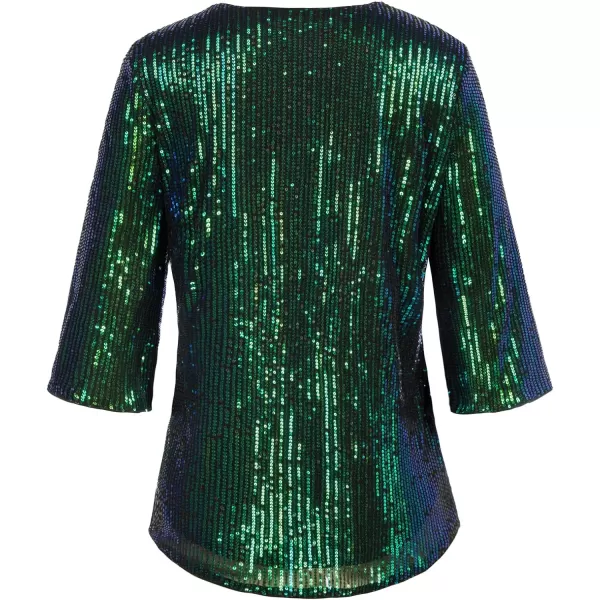 Womens Sparkle Sequin Party Blouse Tops Shimmer Glitter 34 Slit Sleeve Dressy TopsGreen